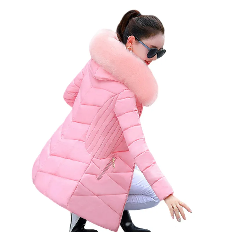 2024 Giacca invernale da donna Parka con cappuccio in pelliccia grande Cappotto lungo imbottito in cotone Giacca femminile Casual Caldo Addensare Outwear Jaqueta Feminina