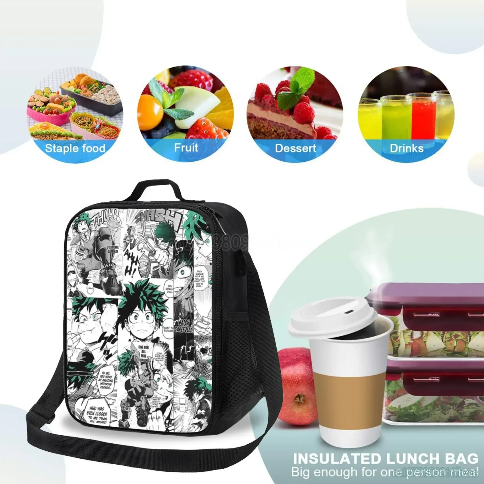 My Hero Academia Anime Manga Lunch Bag for Kids Insulated Lunch Box Portable Thermal Cooler Bag for Boys Girls School Picnic