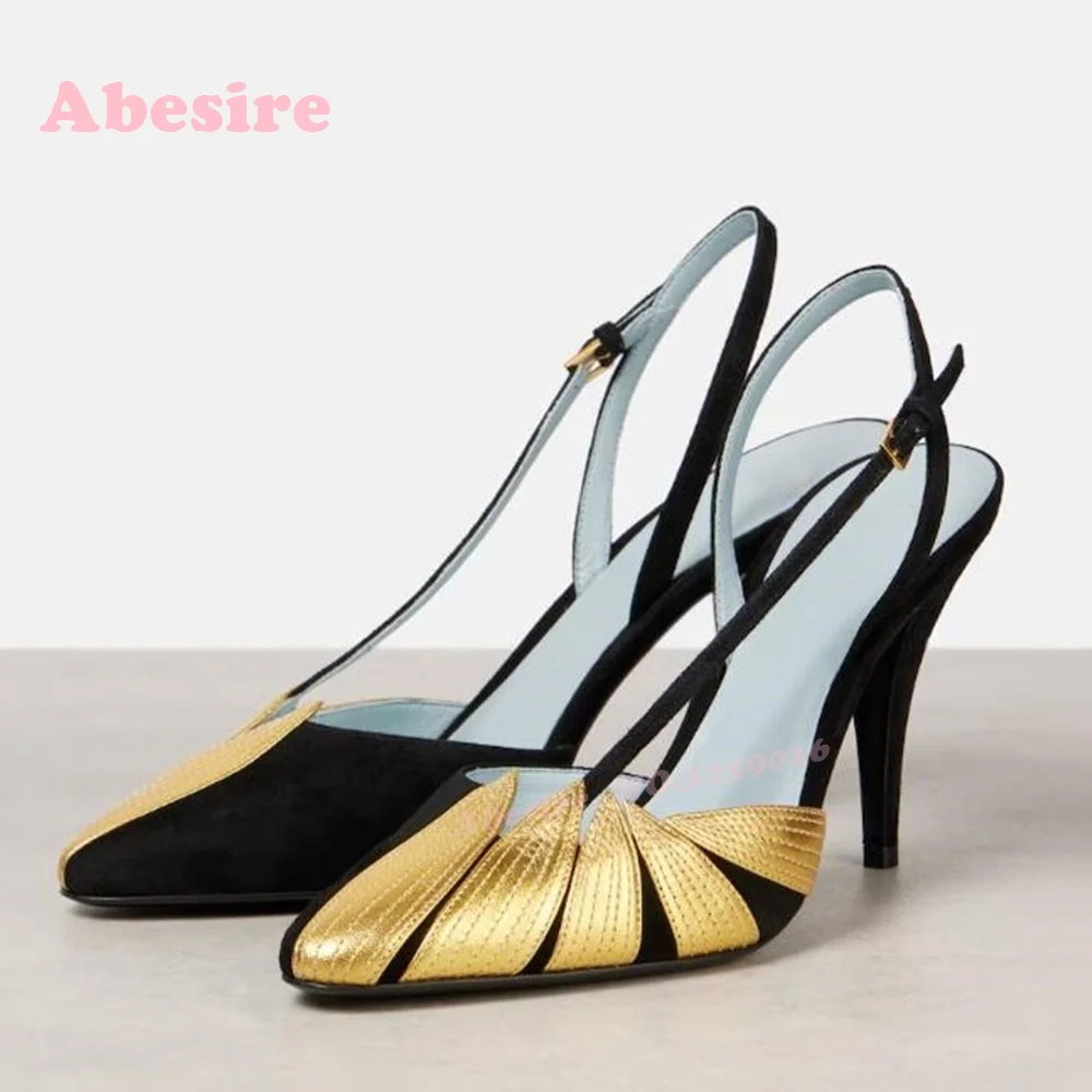 

Gold Black Sewing Sandals Side Air Pointy Toe Patchwork Stiletto Women's Sandals Buckled Thin High Heels Slingback Runway Shoes