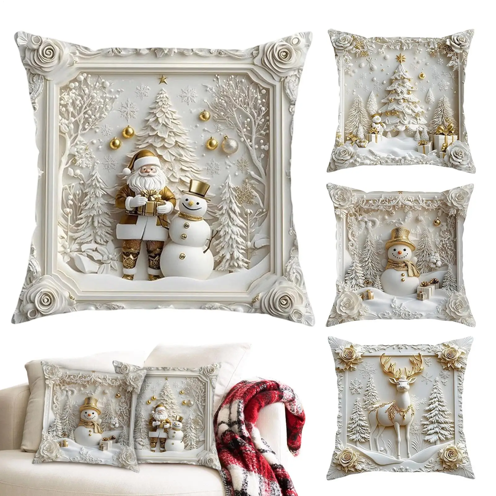 White Christmas Theme Pillow Covers 4 Pieces 18x18 Inch Snowflake Decorations Christmas Throw Pillow Case For Chair Couch Sofa