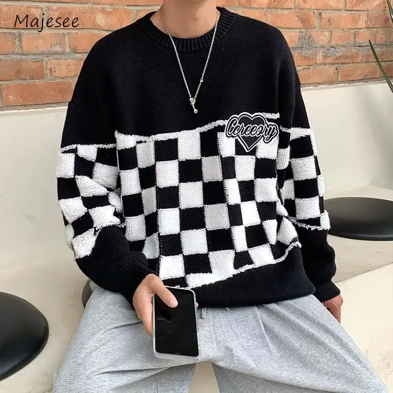 Plaid Sweaters Men Autumn Warm Korean Preppy Style College Daily Versatile Trendy Round Neck Contrast Color Knitted Pullovers