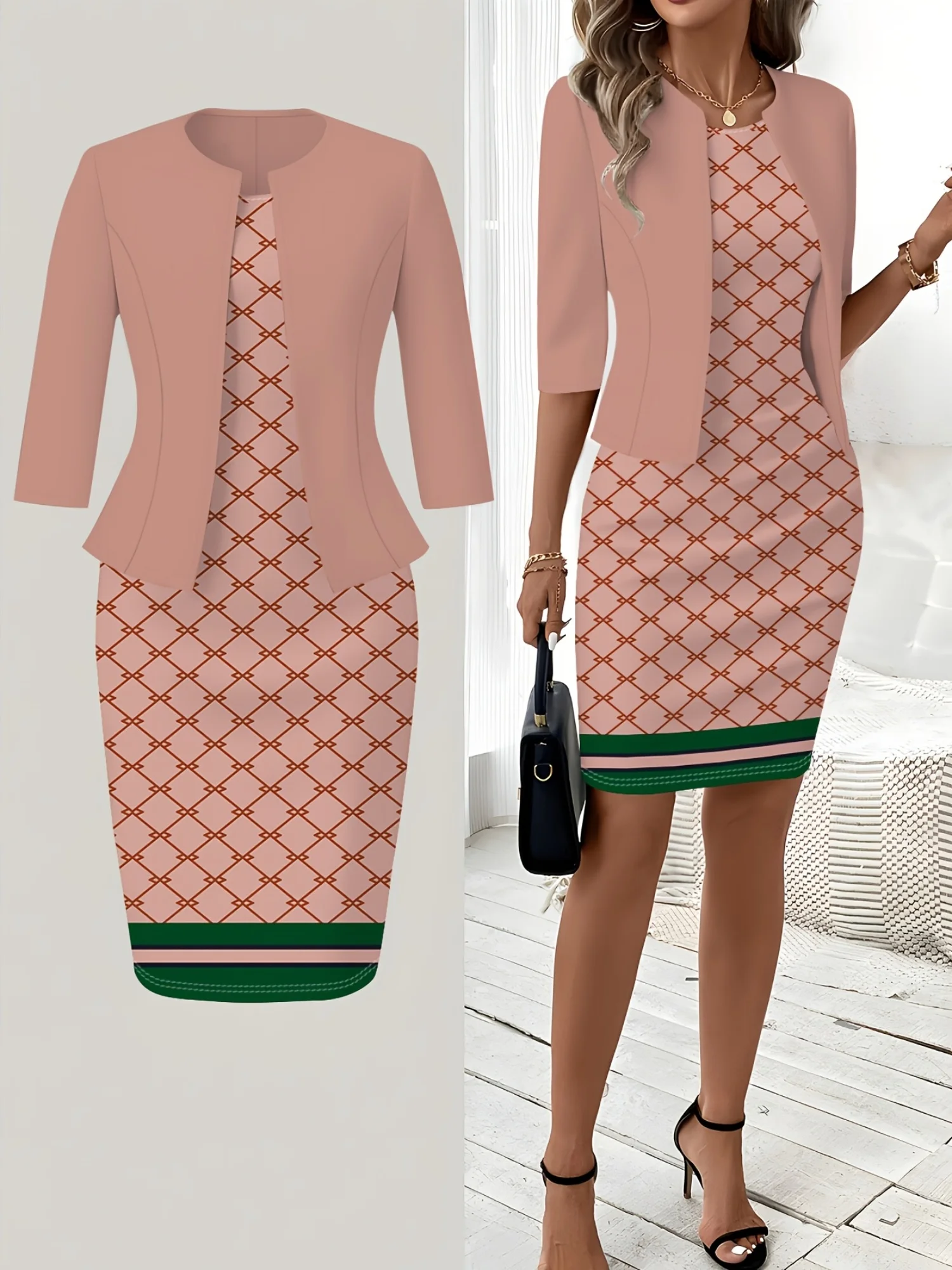 Print Design Casual Style Light Pink Base Diamond Lattice Print with Contrast Color Hem Stripe Round Neck Sleeveless Dress Set