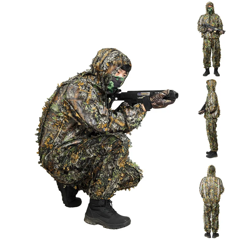 Men Women Kids Outdoor Ghillie Suit Camouflage Clothes Jungle Suit CS Training Leaves Clothing Hunting Suit Pants Hooded Jacket