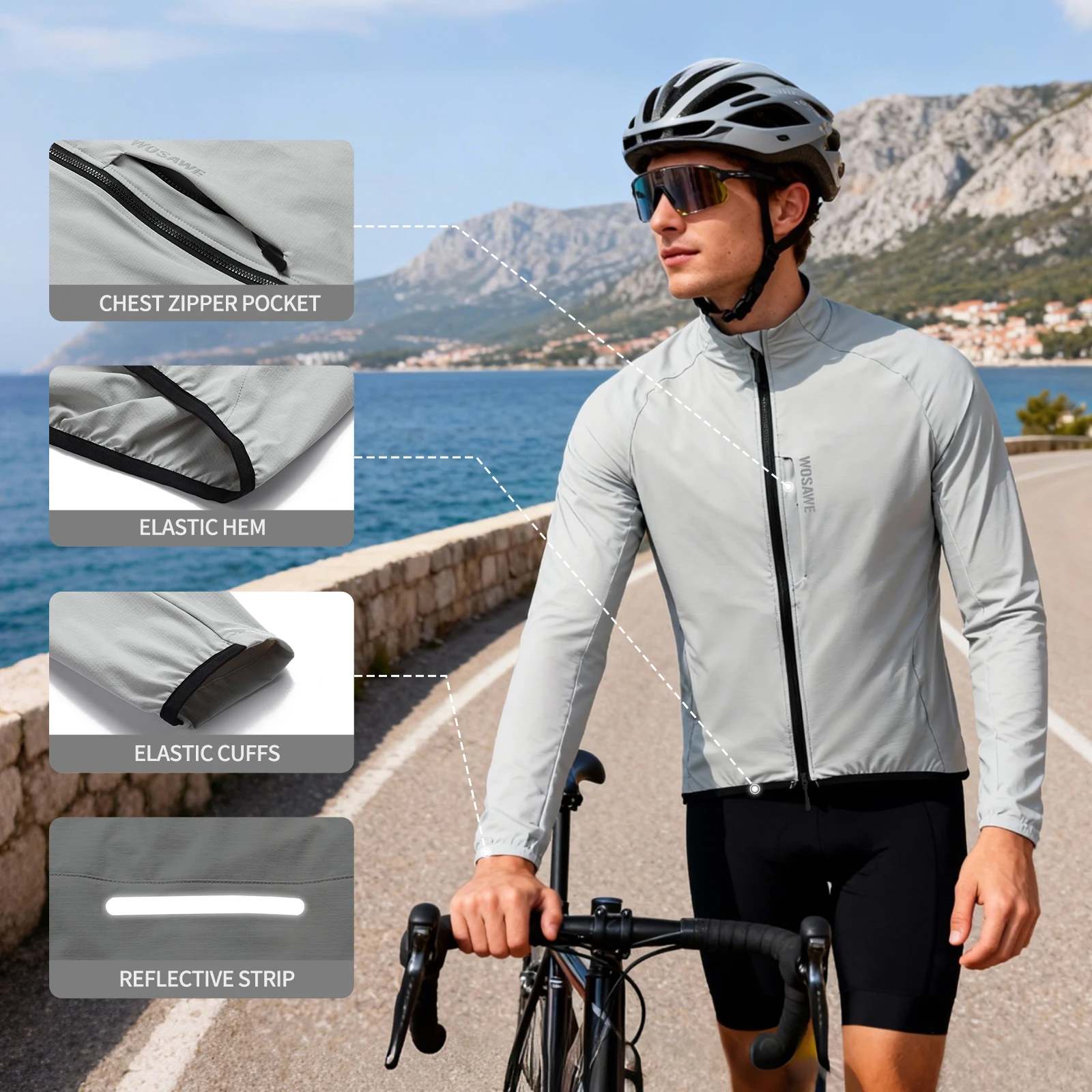 WOSAWE Cycling Jacket Lightweight Windproof Long Sleeved MTB Road Bike Windbreaker Reflective Breathable Jacket Bicycle Clothing