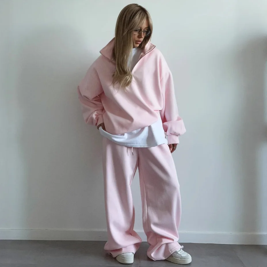 Women Fashion Half Zip Long Sleeve Hoodie Pants Casual Oversized Pullover Sweatpants Set