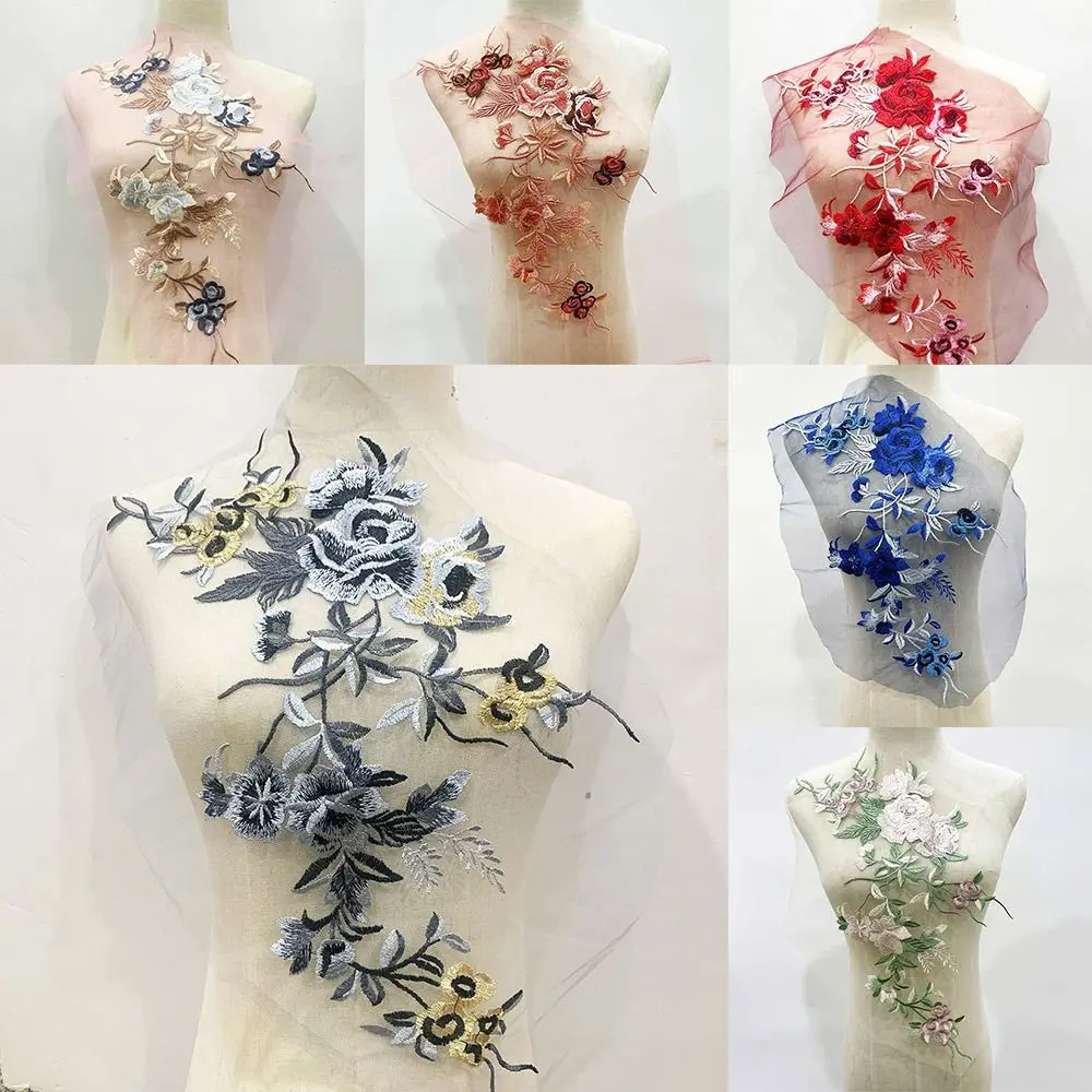 Fashion Mesh Bottom Floral Embroidered Patches 3D Flower Handmade Lace Fabrics Applique DIY Flower Patches Clothing Decoration