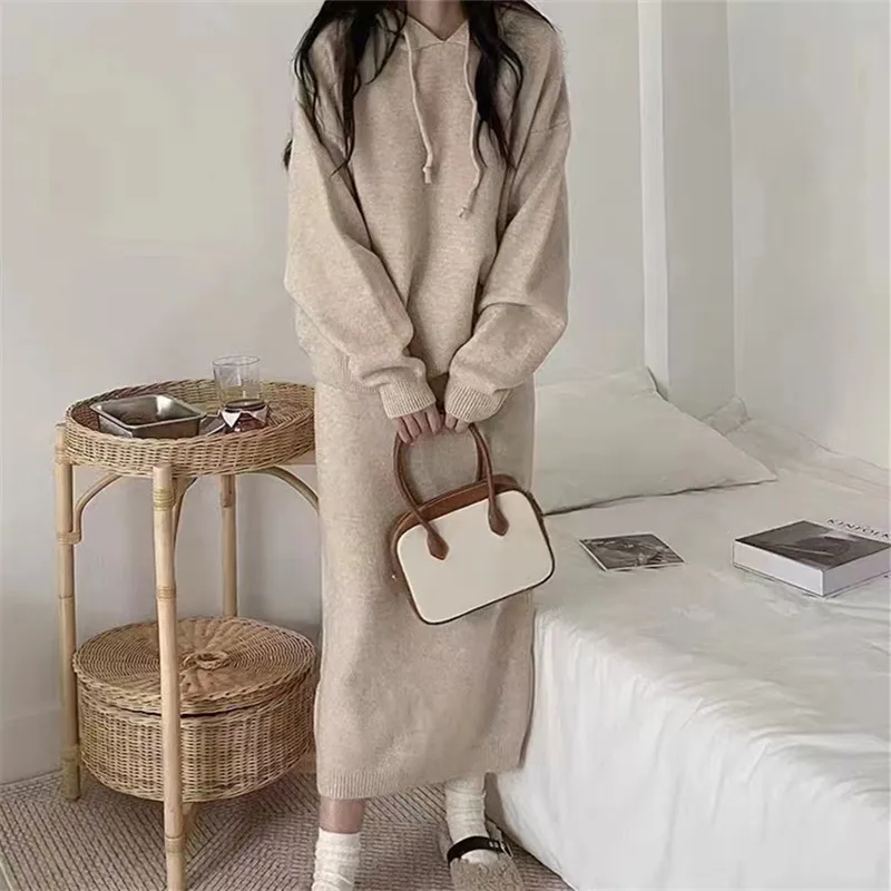 Autumn Winter Hooded Knitwear Loose Two Piece Outfits Sweate Women Korean Harajuku Style Casual Knitted Tops and Long Skirt Suit