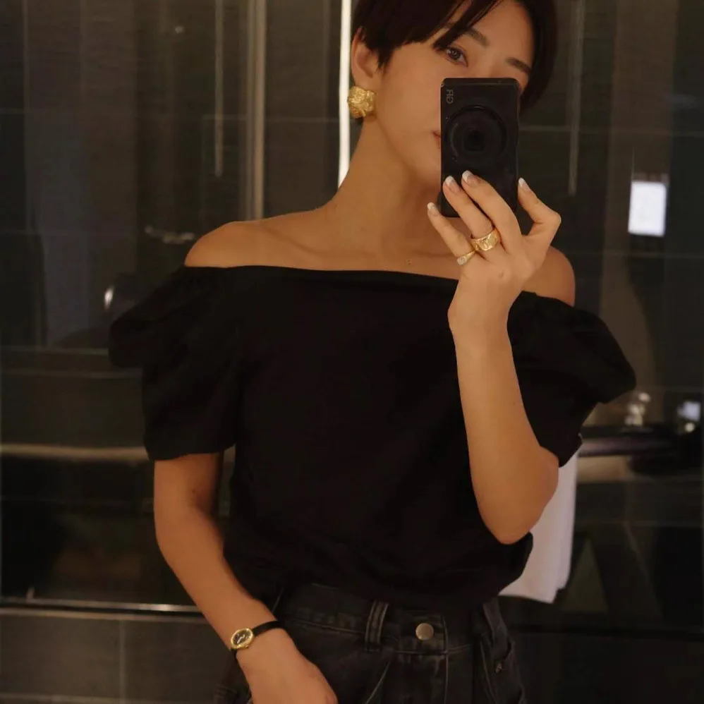 

Gagarich Japanese Spring Summer French Romantic One Shoulder Folding Slim Three Dimensional Sleeve Top Fashion Retro Shirt Women