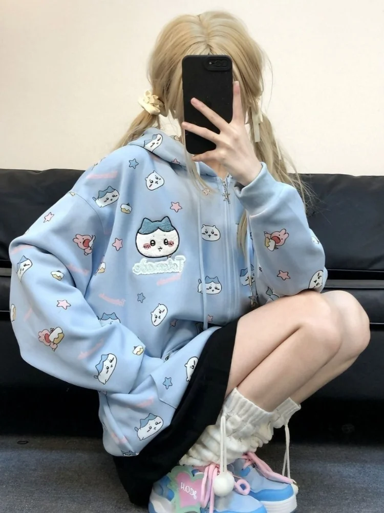 HOUZHOU-Sudadera con capucha Y2k Harajuku Kawaii para mujer, suéter de gran tamaño con cremallera y estampado de dibujos animados, estilo japonés,