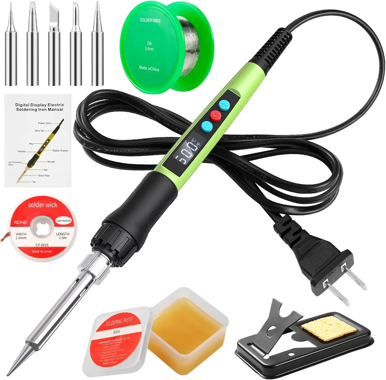 

100W LED Digital Soldering Iron Kit with Adjustable Temperature, Ceramic Heater, Tips, Wick, Stand, Wire, Sponge & Flux
