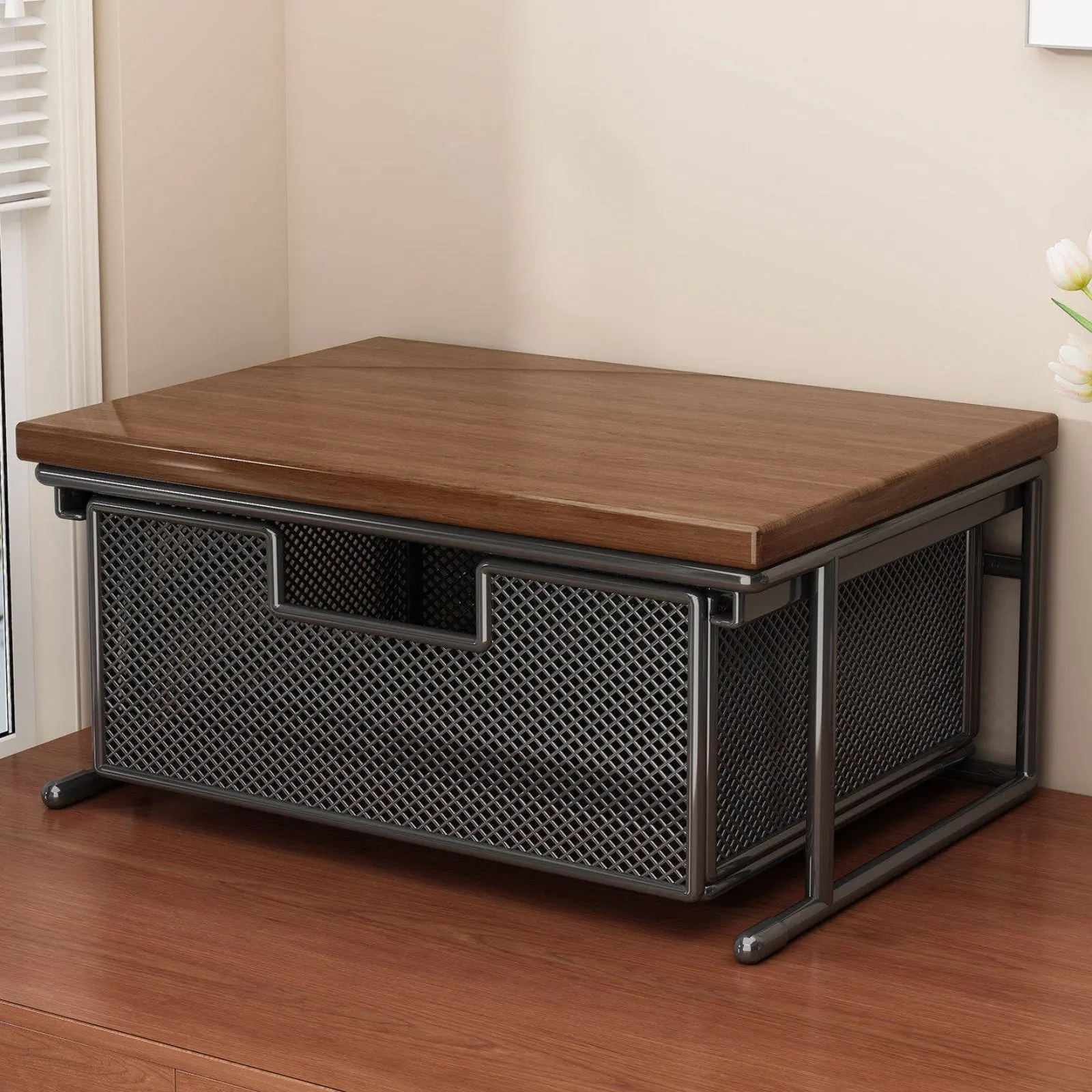 Printer Stand with Drawer Sturdy Desktop Printer Stand Desktop Shelf Wood Desktop Surface Storage Metal Frame for Study Room