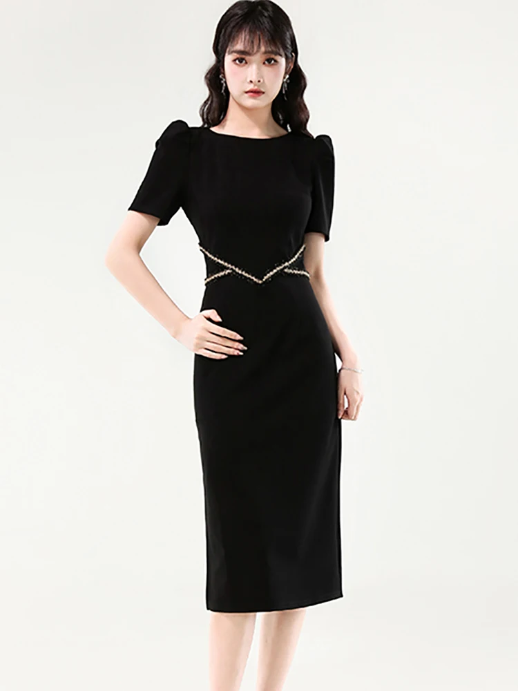 Summer Black Short Sleeve Bodycon Midi Dress Women Korean Vintage Hepburn Prom Clothes 2025 Elegant Patchwork Chic Casual Dress