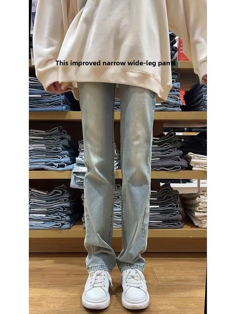 

Washed Denim Fleece Lined Wide Leg Pants High Waist Straight Cut Women's Vintage Autumn Winter Street Style Slim Fit Jeans