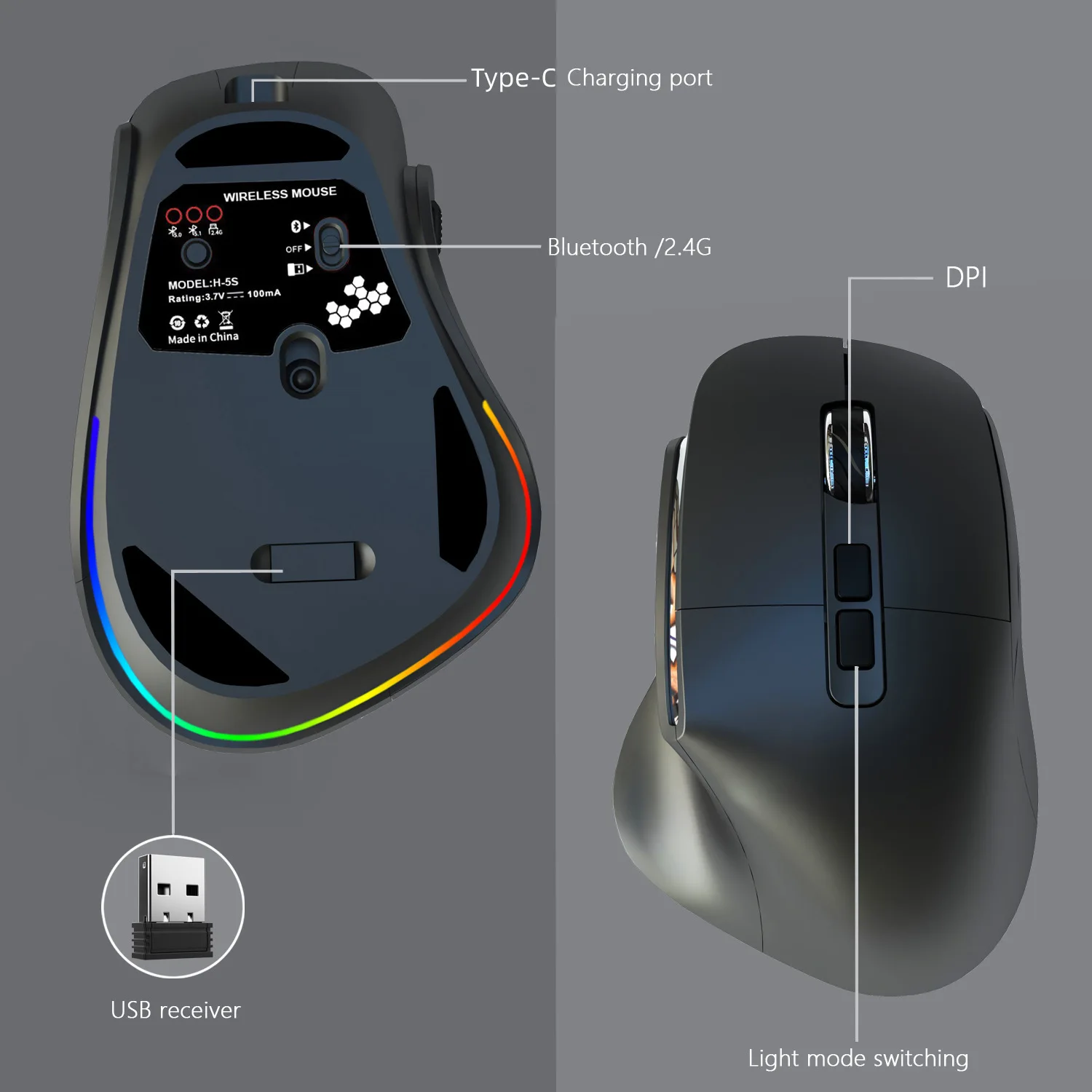 Multi-mode Bluetooth/2.4G Wireless/Wired Mouse Rechargeable Silent  Suitable Lightweight Ergonomic Wireless Mice For Laptop PC