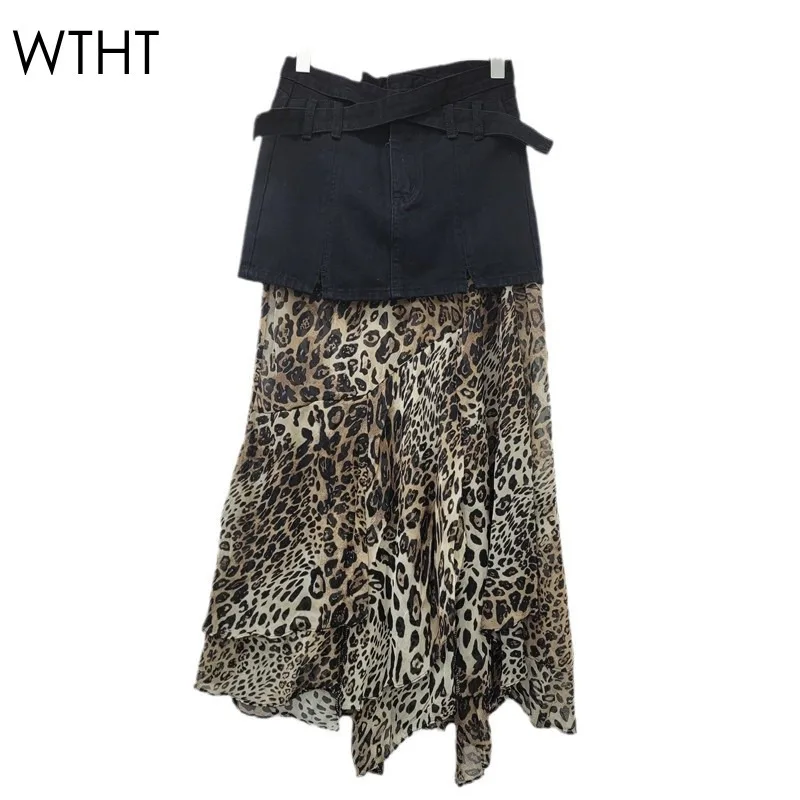 WTHT Trendy Women's Patchwork Leopard Mesh Denim Skirts 2024 Winter Fashion Cross Belt Design Long Skirt Female 1LS478