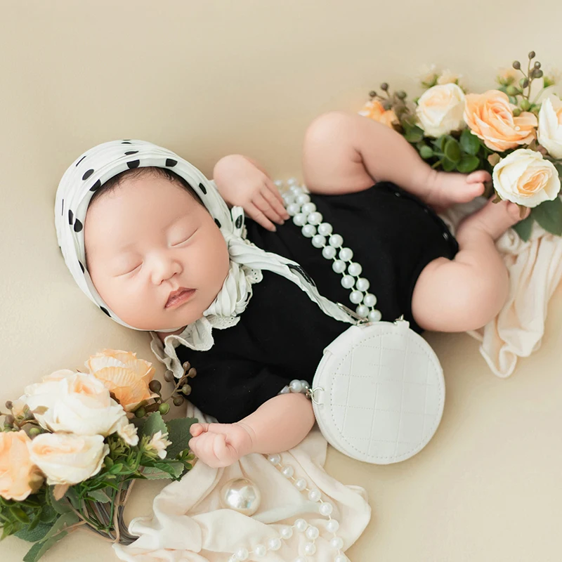 French Socialite Style Baby Girl Photography Clothing Newborn Photo Mini Bag Prop Baby Bodysuit+Headscarf Suit Studio Accessorie