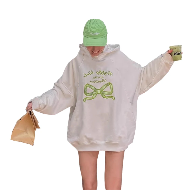 

American retro white bow letter loose hooded sweatshirt long sleeved trendy hoodie top