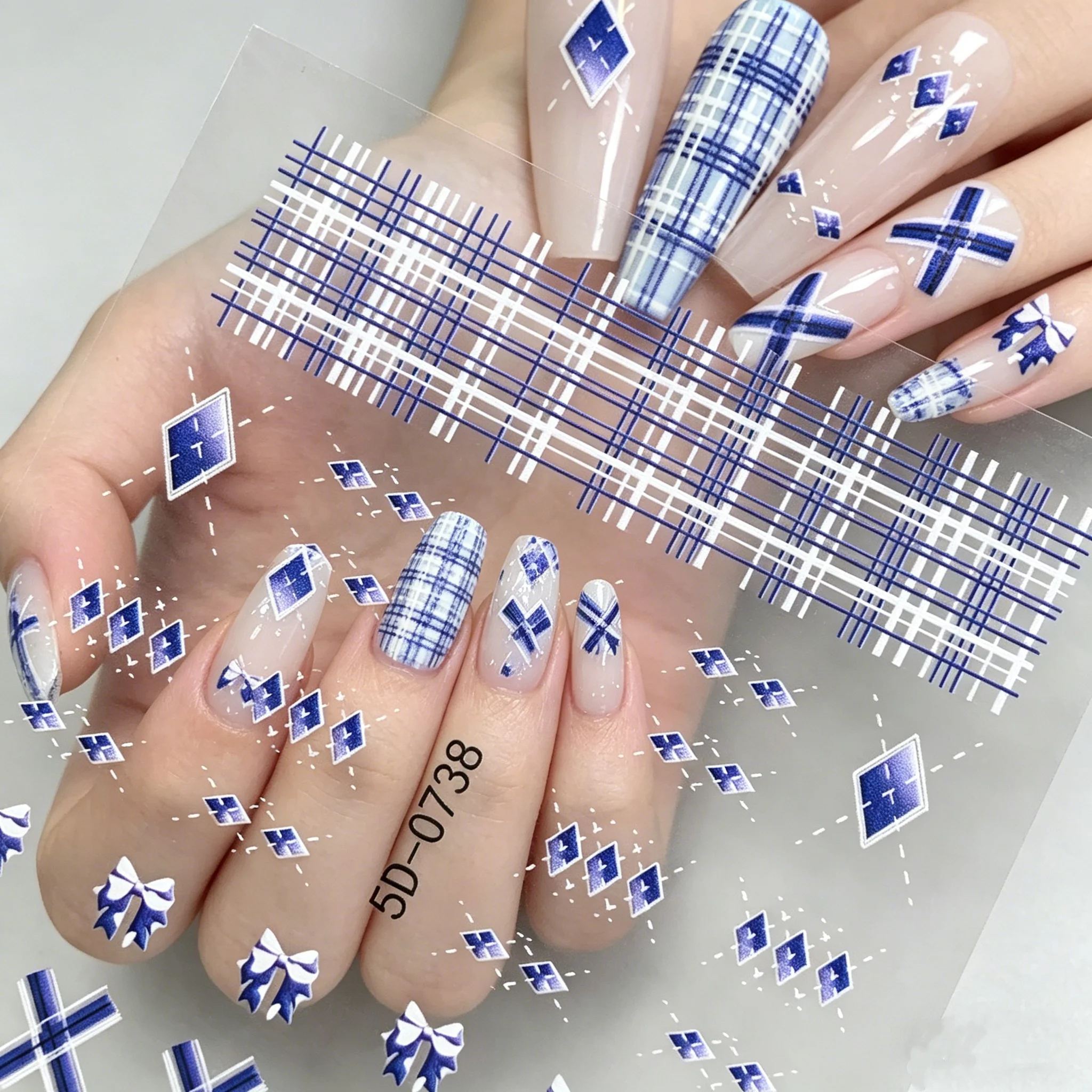 1PC Navy Blue Plaid Nail Sliders Elegant 5D Embossed Checkerboard Nail Decals Vintage Classic Grid Pattern DIY Manicure Supplies