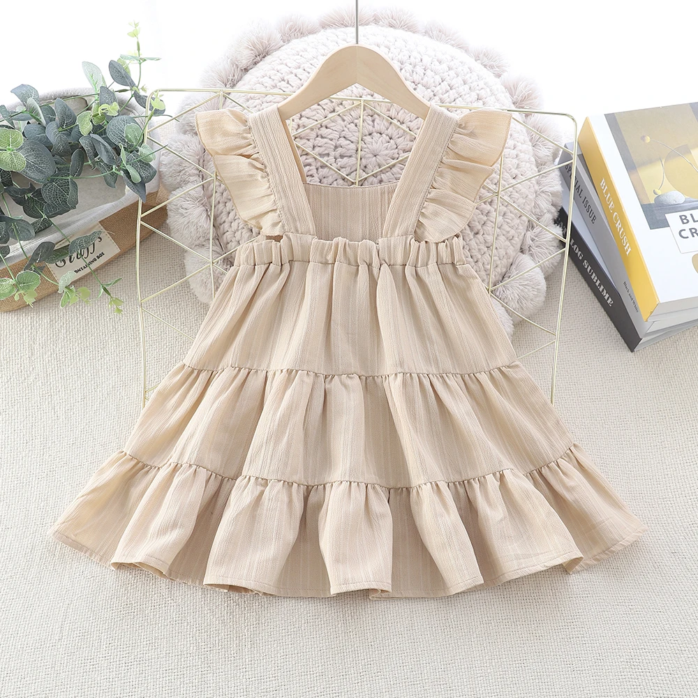 Summer Style Children Clothing Flying Sleeve Solid Color Pleated Princess Cake Dress Girls Costume