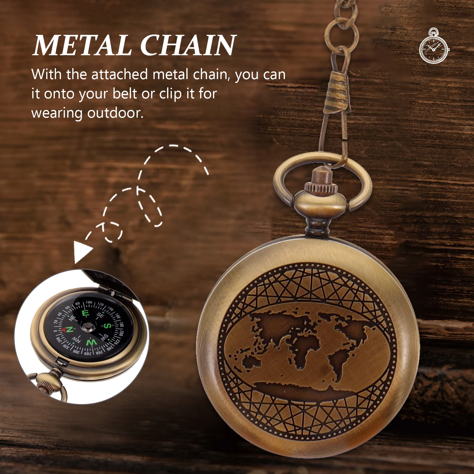 

Retro Pocket Watch Style Metal Compass Flip Tool For Hiking Camping Outdoor Adventure With Chain Durable