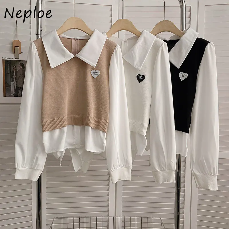 Neploe Drehen Unten Kragen Kontrast Farbe Gefälschte Zwei Stück Pull Femme Stricken Patchwork Langarm Jumper Herbst Winter Pullover Y2k