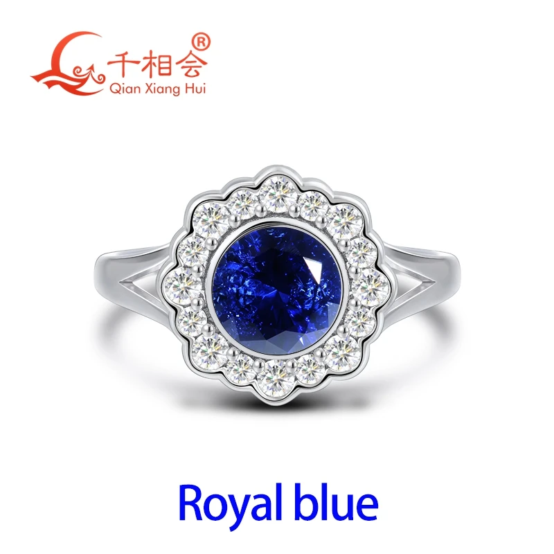 925 Sterling Silver Round 6.5mm Lab Created Gemstone Moissanite Halo Ring Pigeon Blood Ruby/Royal Blue Sapphire Engagement Ring