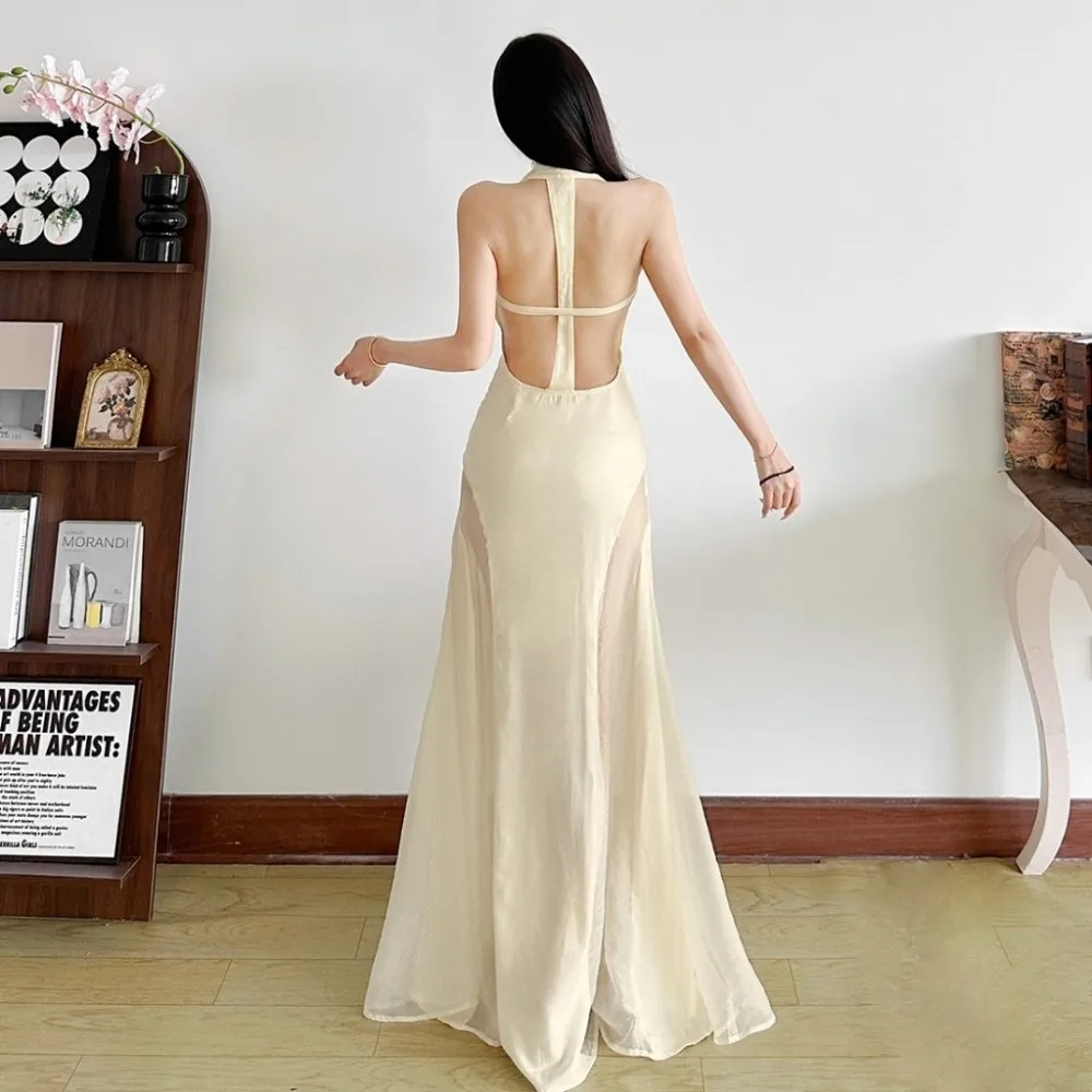 SylCue メッシュパッチワークマキシドレス女性スイング襟背中の開いたノースリーブミッドナイト宴会パーティーシャーリングエレガントなスキニー Vestidos