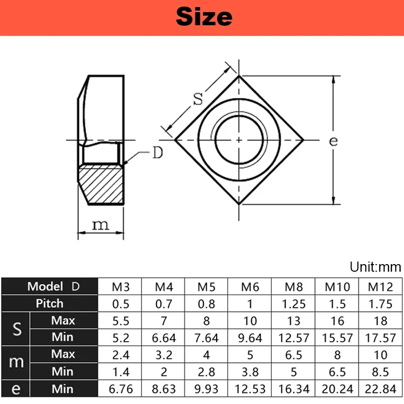 5~50pcs 304 Stainless Steel Square Nut Quadrangle Nut Thick / Thin Nut Din557 Lock The Thin Screw Cap M3 M4 M5 M6 M8 M10 M12