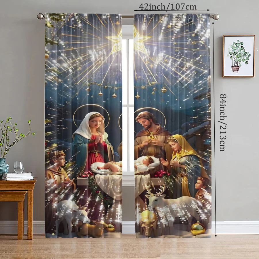 

2PCS- Christmas Christmas Savior Jesus pattern printed curtains, Christmas decorations, home decorations, room decorations