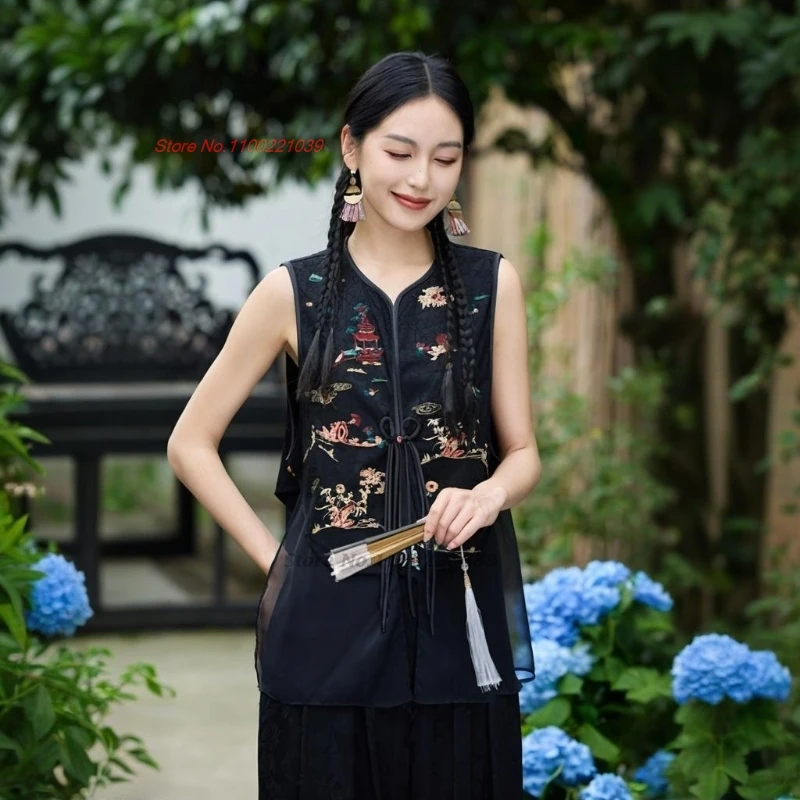 2026 chinese vintage vest v-neck lace patchwork folk vest national flower embroidery vest traditional vintage vest hanfu tops