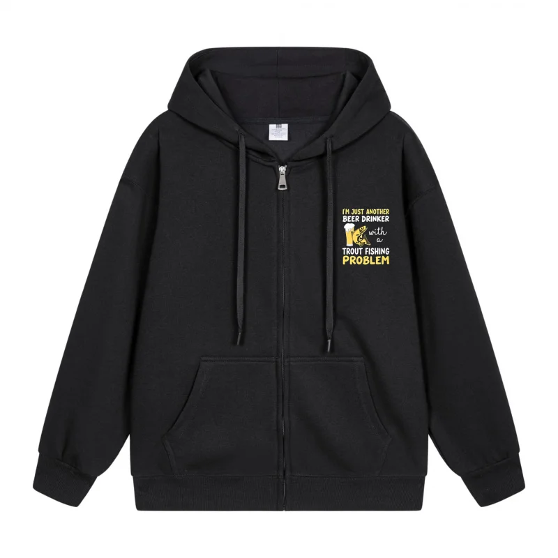 

Men's Zip-Up Hoodie Yellow Text On Black Background 2025 New Style Casual Couples’ Style Casual and Loose