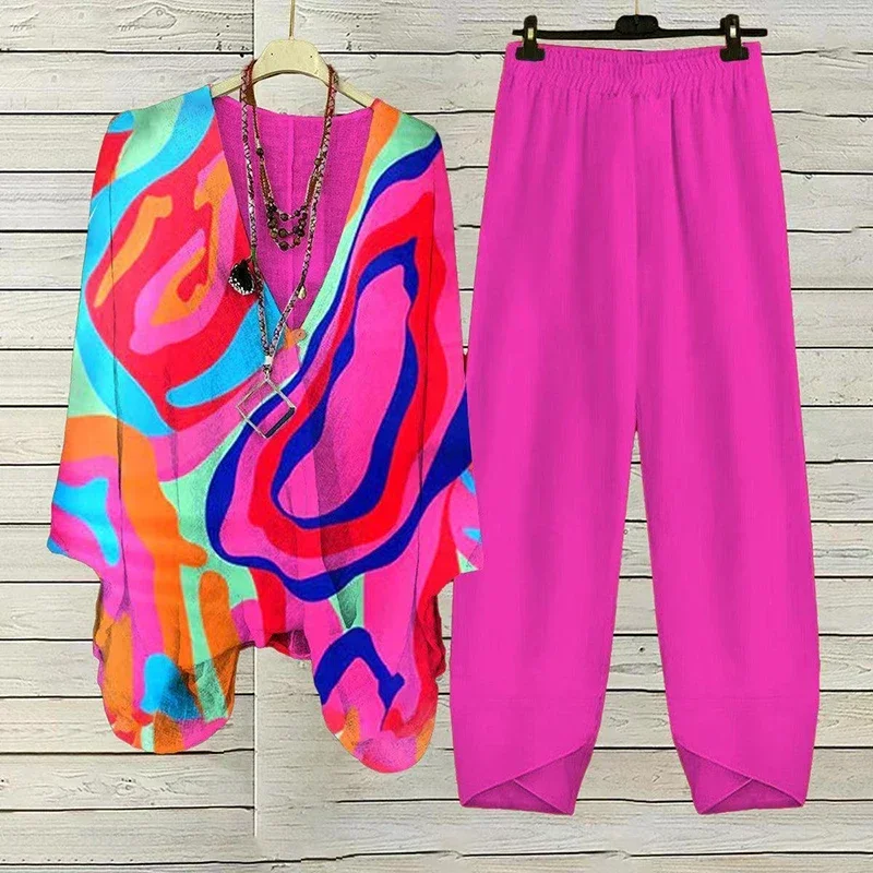 

New Spring Floral Print Two Piece Sets Womens Outfits Sexy V-neck 3/4 Sleeve Top Pullover Elastic Waist Pants Summer Loose Suit