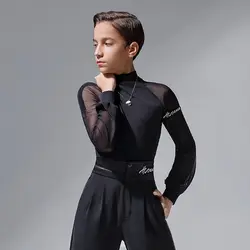 High Collar Latin Dance Tops For Boys Long Sleeved Practice Clothes Chacha Rumba Tango Dress Kids Latin Performance Wear DN16068