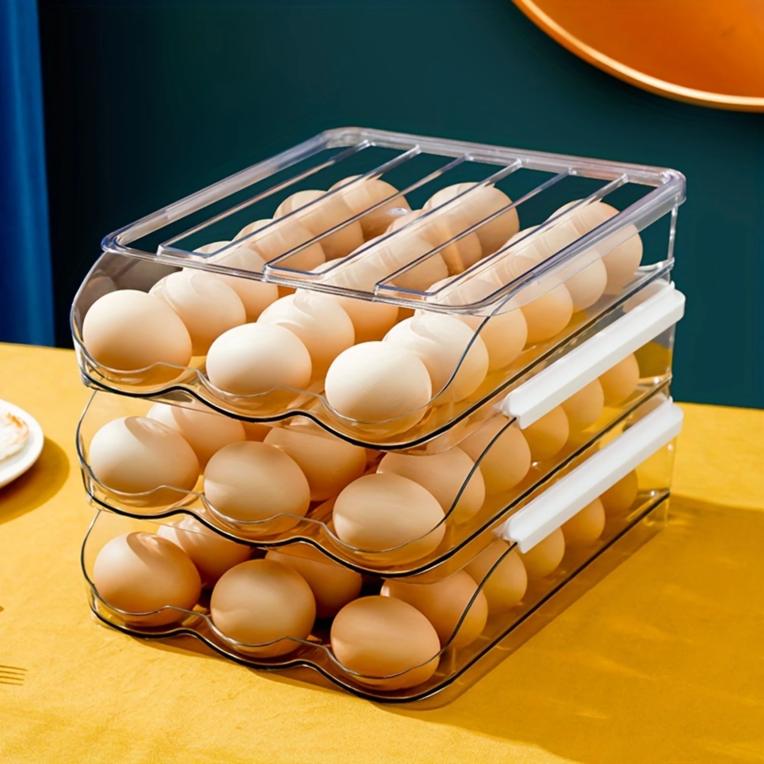 

1set Clear Plastic Egg Box, Contemporary Roll-Out Fridge Egg Holder Tray, Stackable Multi-Layer Egg Organizer, Egg Rack