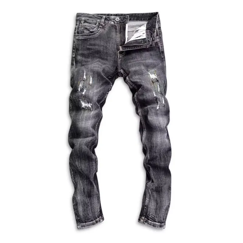 Fashion Designer Men Jeans High Quality Retro Black Gray Stretch Slim Ripped Jeans Men Embroidery Patched Vintage Denim Pants