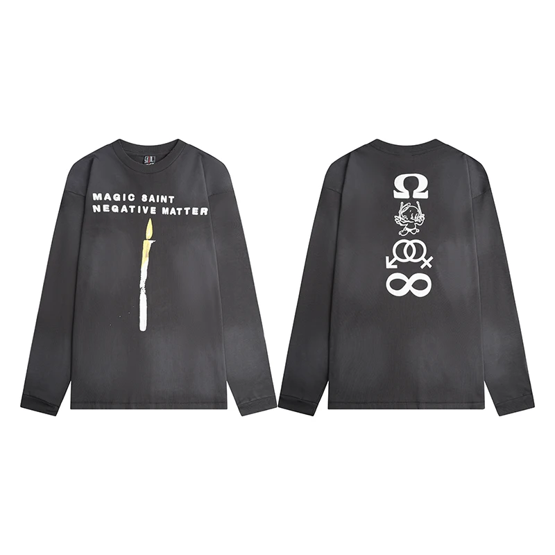 Saint Candle Graphic Long Sleeve Shirt Men Women Vintage Washed Front Back Symbol Print Oversized Tee Gothic Retro Streetwear