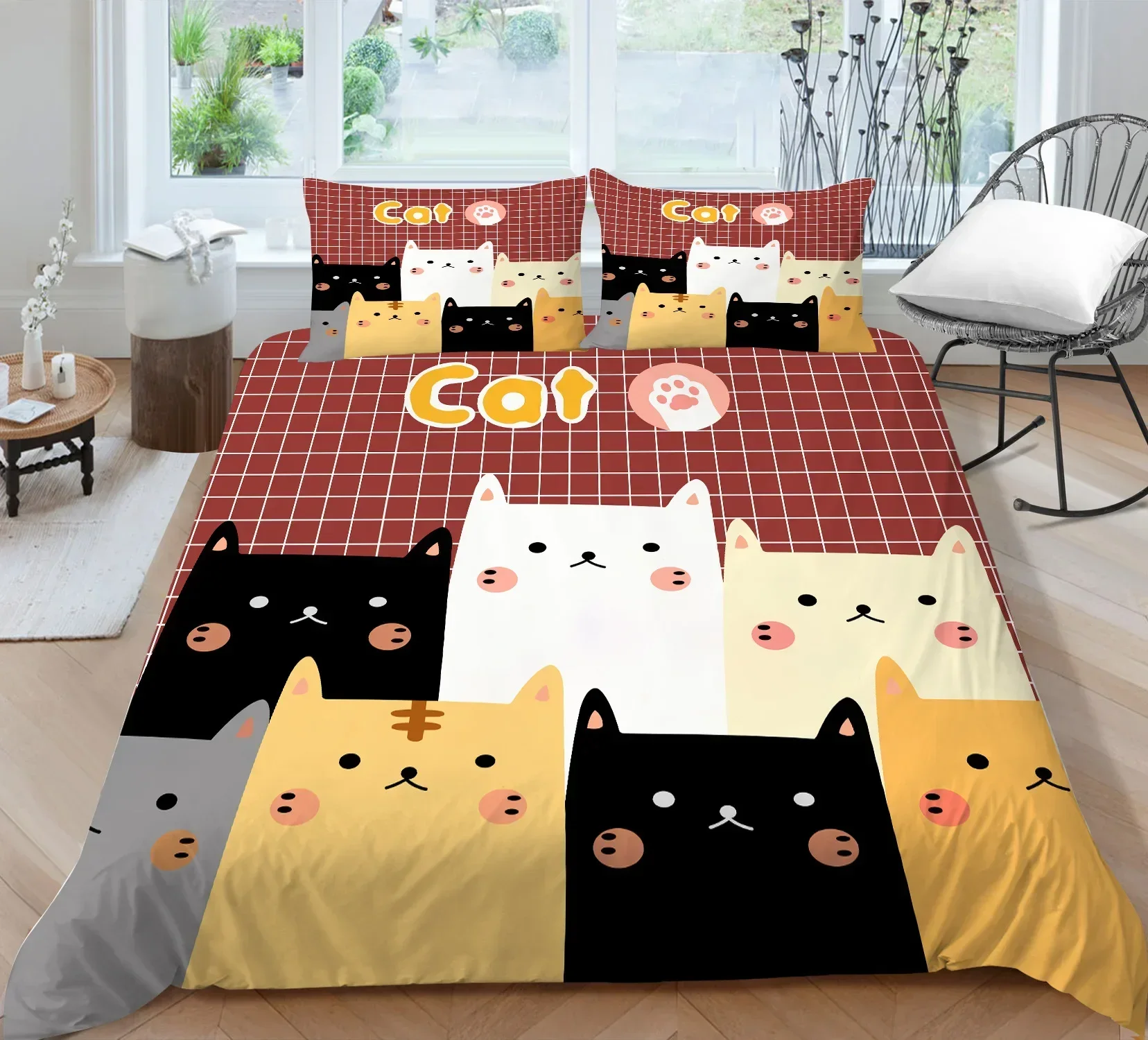 Cat Duvet Cover King/Queen Size Colorful Lovely Cartoon Kitty Polyester Comforter Cover for Kids Girls Boys Orange Bedding Set