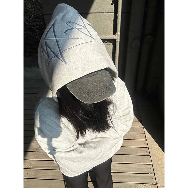 

Retro American Oversize Hoodie Women's Fleece Thickened Couple Trendy High Street Design Loose Outerwear Long Sleeve