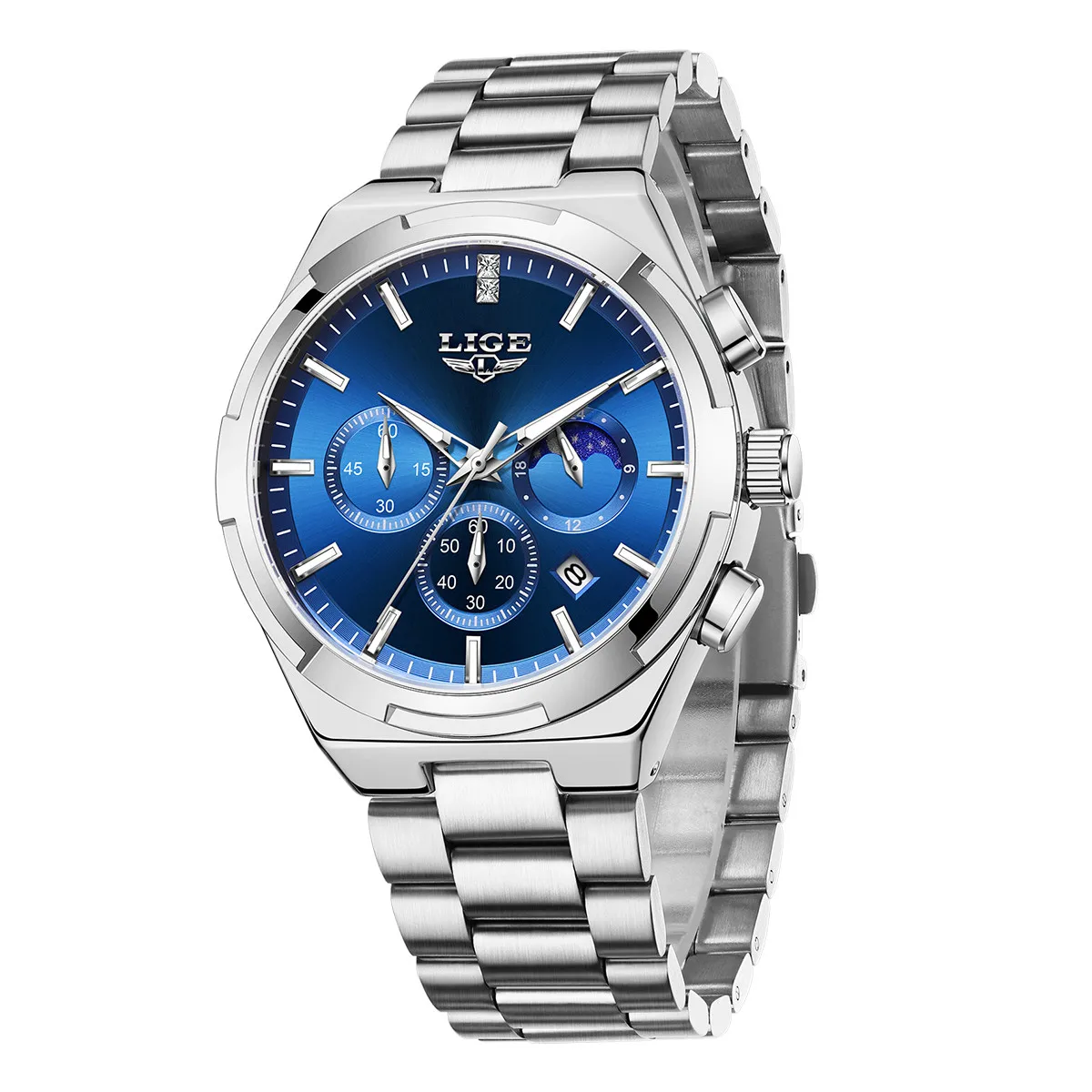 LIGE Luxury Man Wristwatch Military Waterproof Luminous Chronograph Men Watch Stainless Steel Moon Phase Men's Quartz Watches