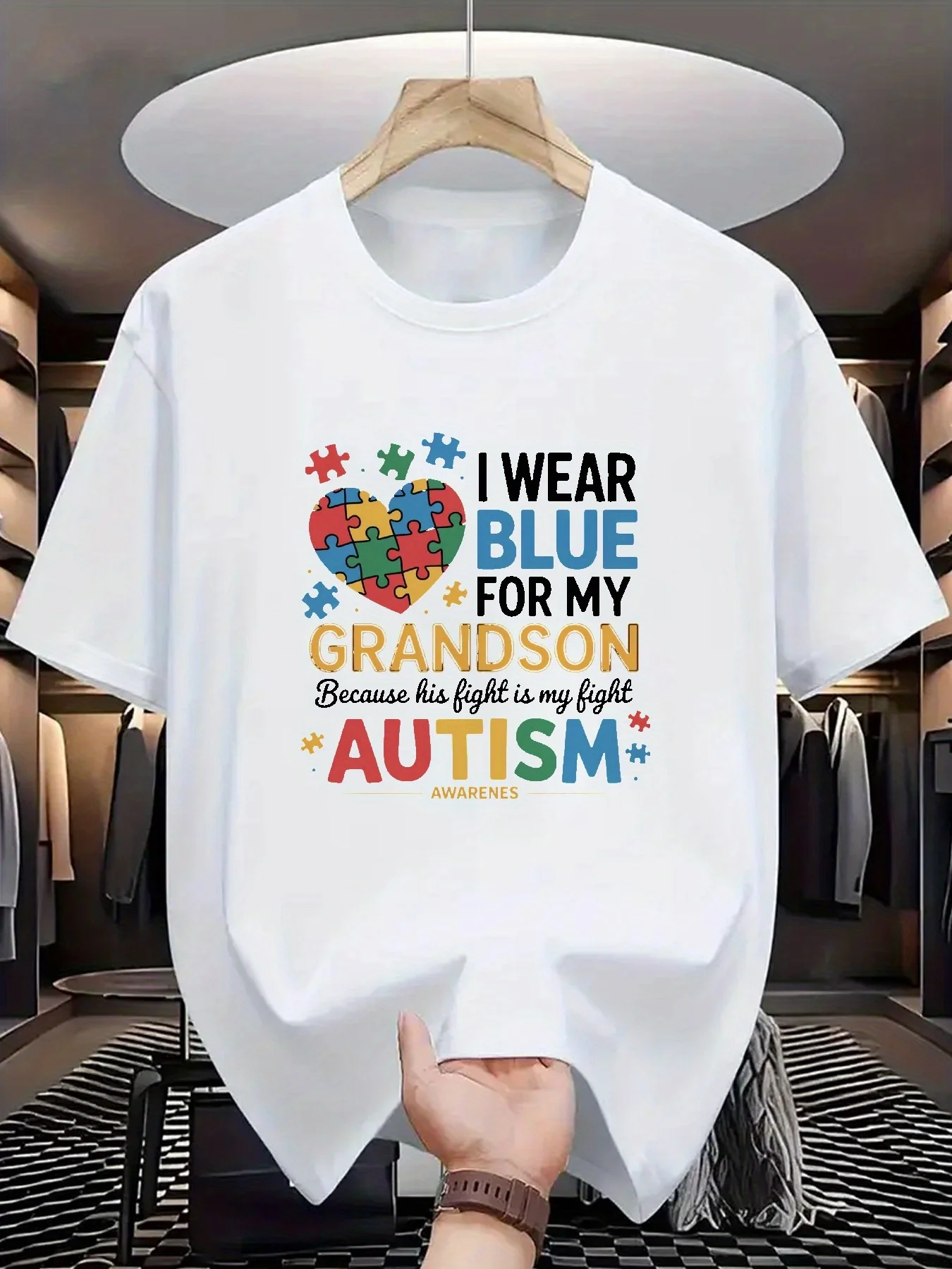 

Мужская футболка из чистого хлопка, летняя футболка с короткими рукавами для осведомленности об аутизме Blue Grandson Love, дышащая и удобная