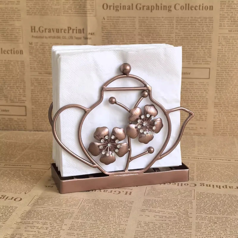 

Iron Teapot Shaped Tissue Holder Creative Small Flower Sticky Diamond Flower Center Desktop Upright Paper Towel Holder