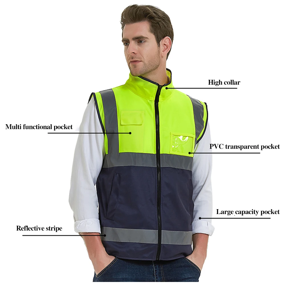 High Collar Reflective Safety Vest with Multi Pockets Construction Worker Hi Vis Workwear Motorcycle Cycling Safety Jacket