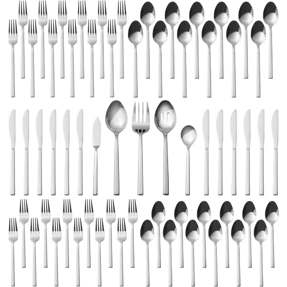 Cube 65-Piece Forged Stainless Steel Flatware Set Cutlery Set with Utensil-Serving Set, Silverware Set Service for 12, Mir