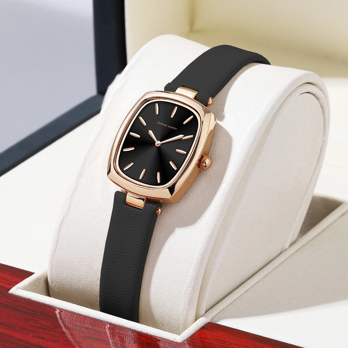 2024 New Watch Hannah Martin Womens Leather Rose Gold Simple Quartz Watch Top Brand 3Bar Waterproof Original Fashion Women Watch