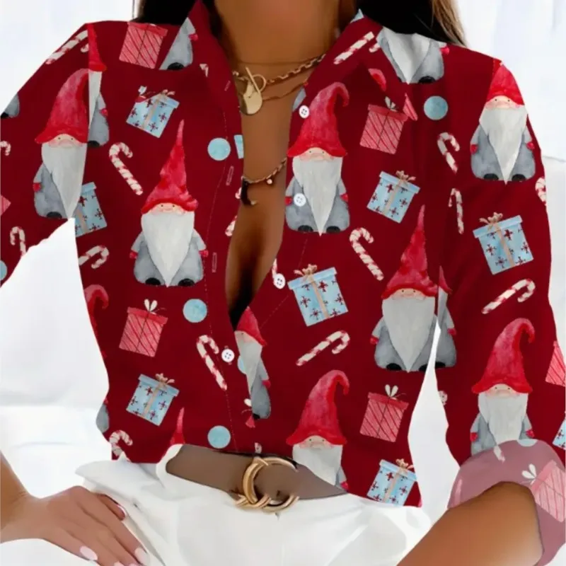 Women's long sleeved button up shirt with Christmas print collar personalized comfortable elegant party shirt women's new style