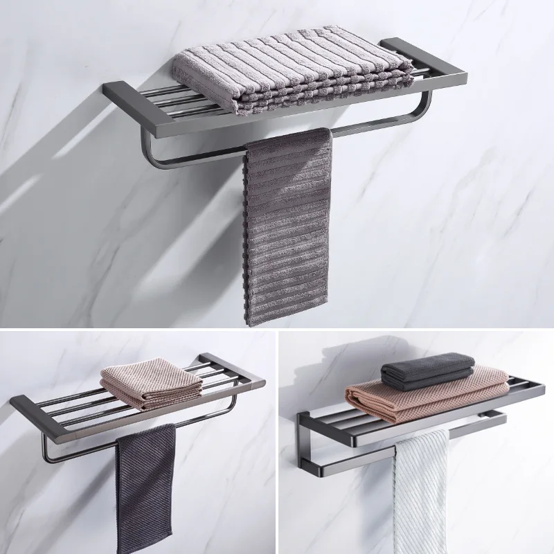 

Punched Shelf Black Bath Towel Rack Toilet Hotel Bathroom with Hook Bathroom Storage Towel Rack