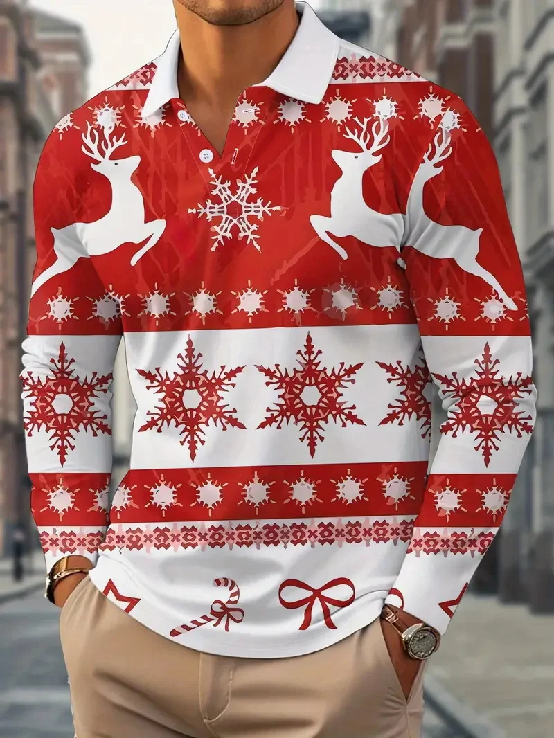 

3D Print Elk Snowflake Graphic Men's Polo Shirt Autumn Winter Casual Long Sleeve Lapel Shirts Christmas Theme Creative Pullovers