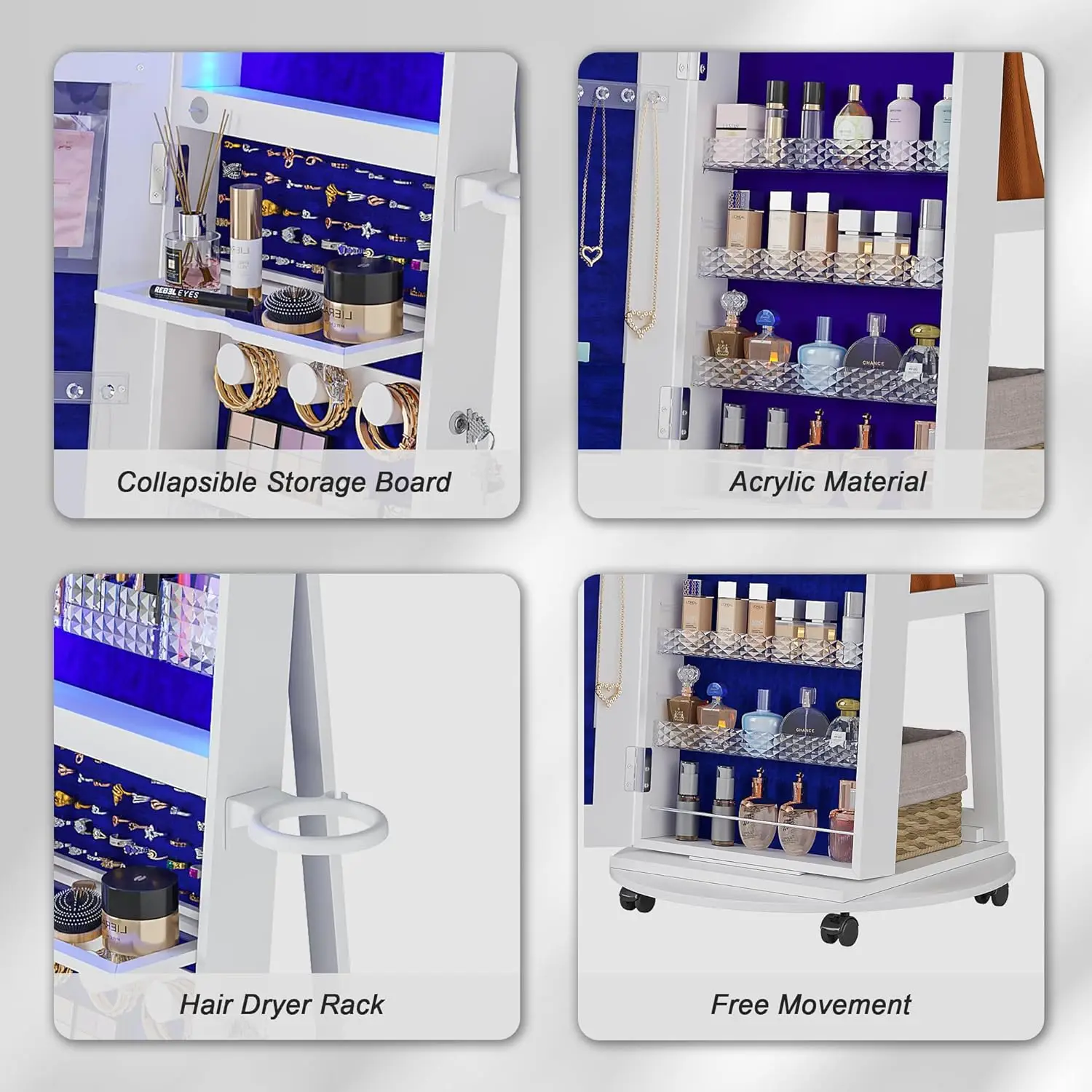 Armoire à Bijoux Miroir Rotative à 360 °, Miroir Complet, Rangement Vertical T1, Roues Verrouillables