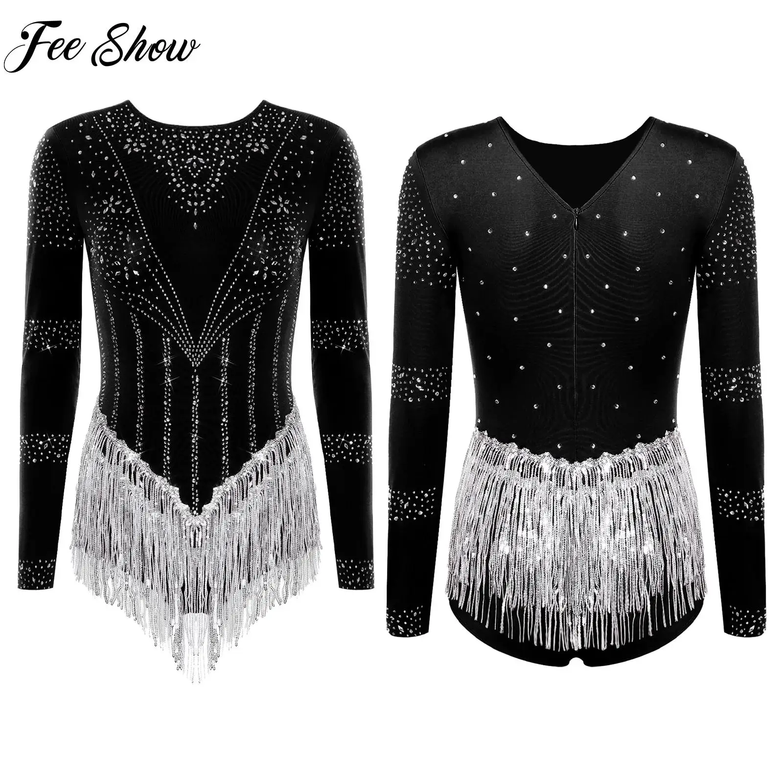 

Womens Rhinestones Gymnastics Figure Skating Stage Performance Costume Latin Chacha Dancewear Sequin Tassel Long Sleeve Leotards