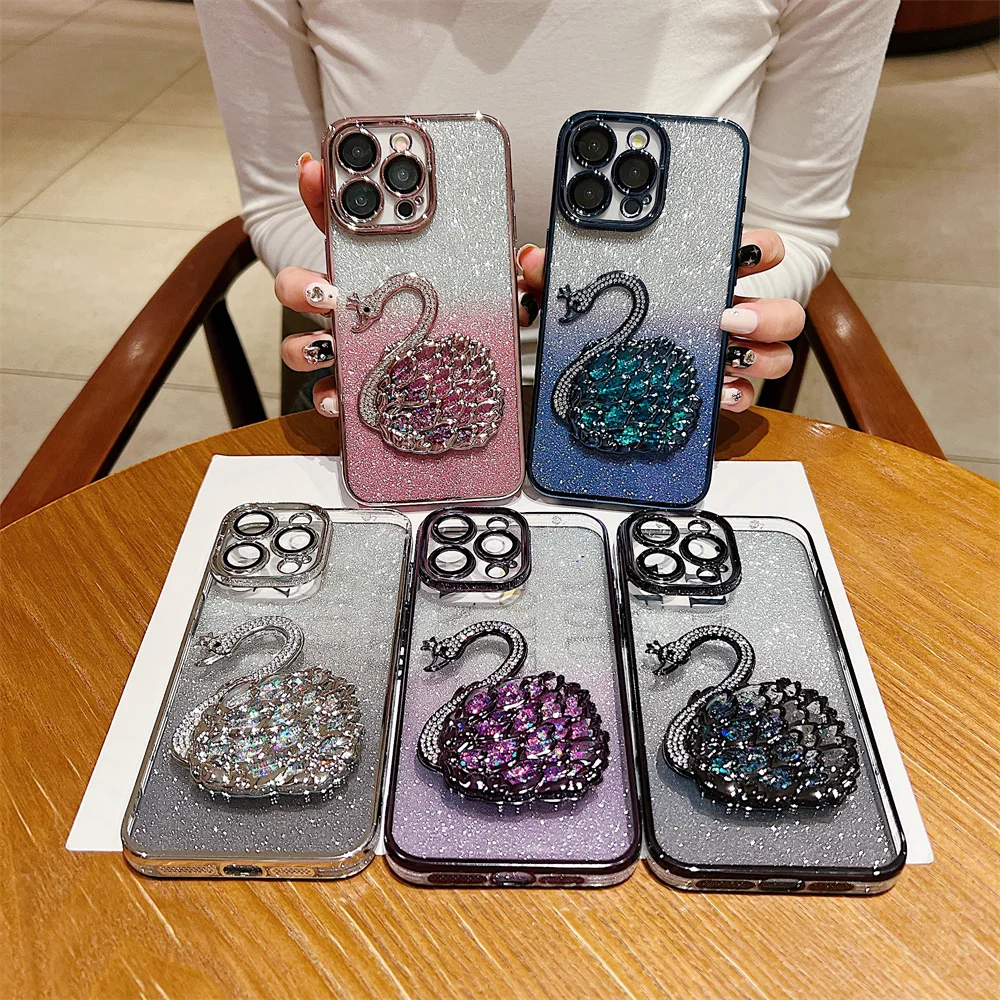 Luxury Swan Gradient Glitter Quicksand Cover For iPhone 15 Pro Max 14 Pro 13 12 11 Bling Diamond Plating Case With Lens Film